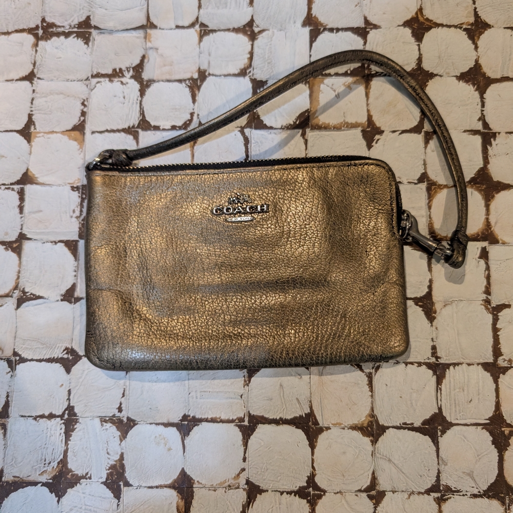 Coach Gold Metallic Wristlet With Textured Leather Finish - Preloved